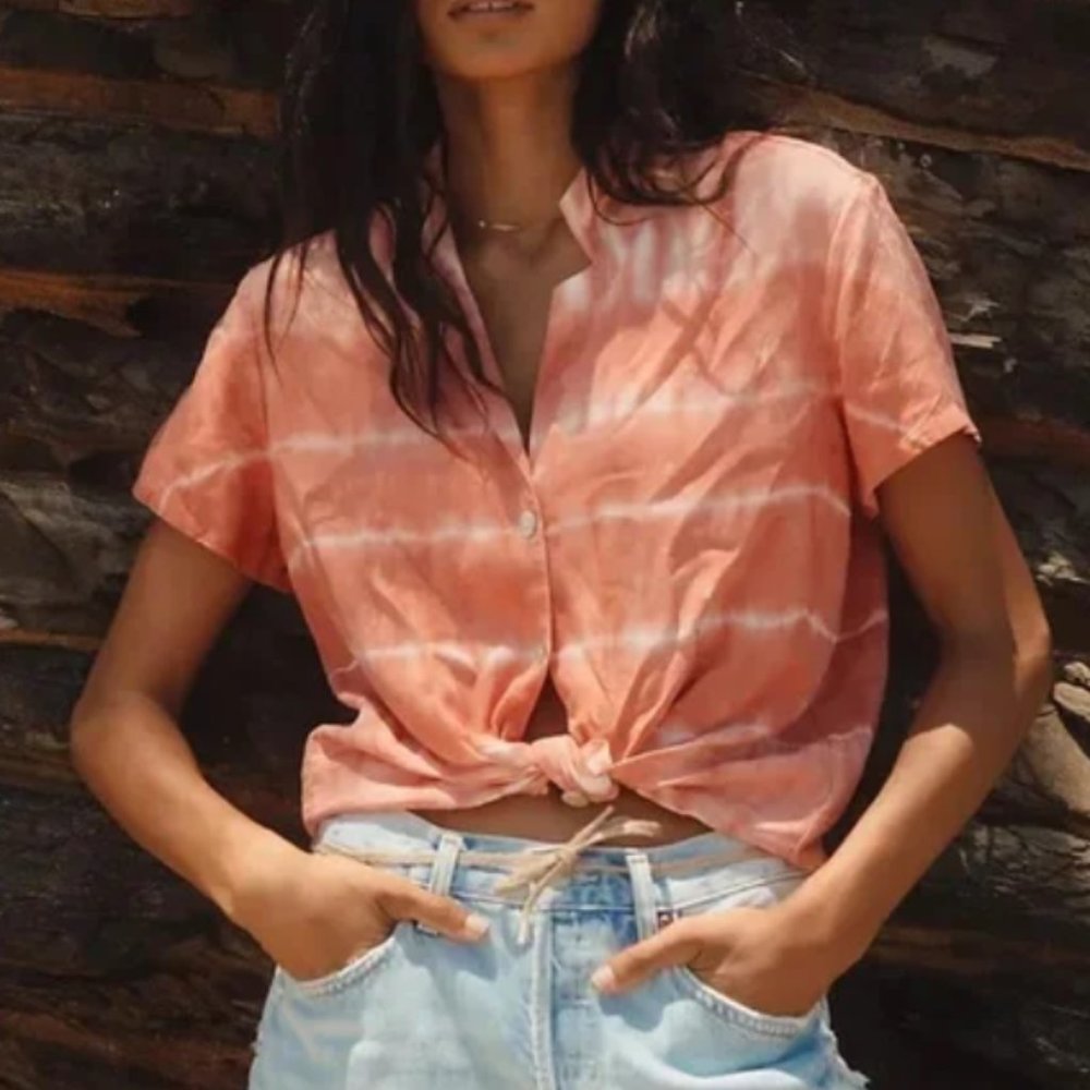 Anthropologie Cloth & Stone Pink Tie Dye Short Sleeve Button Down Top Blouse